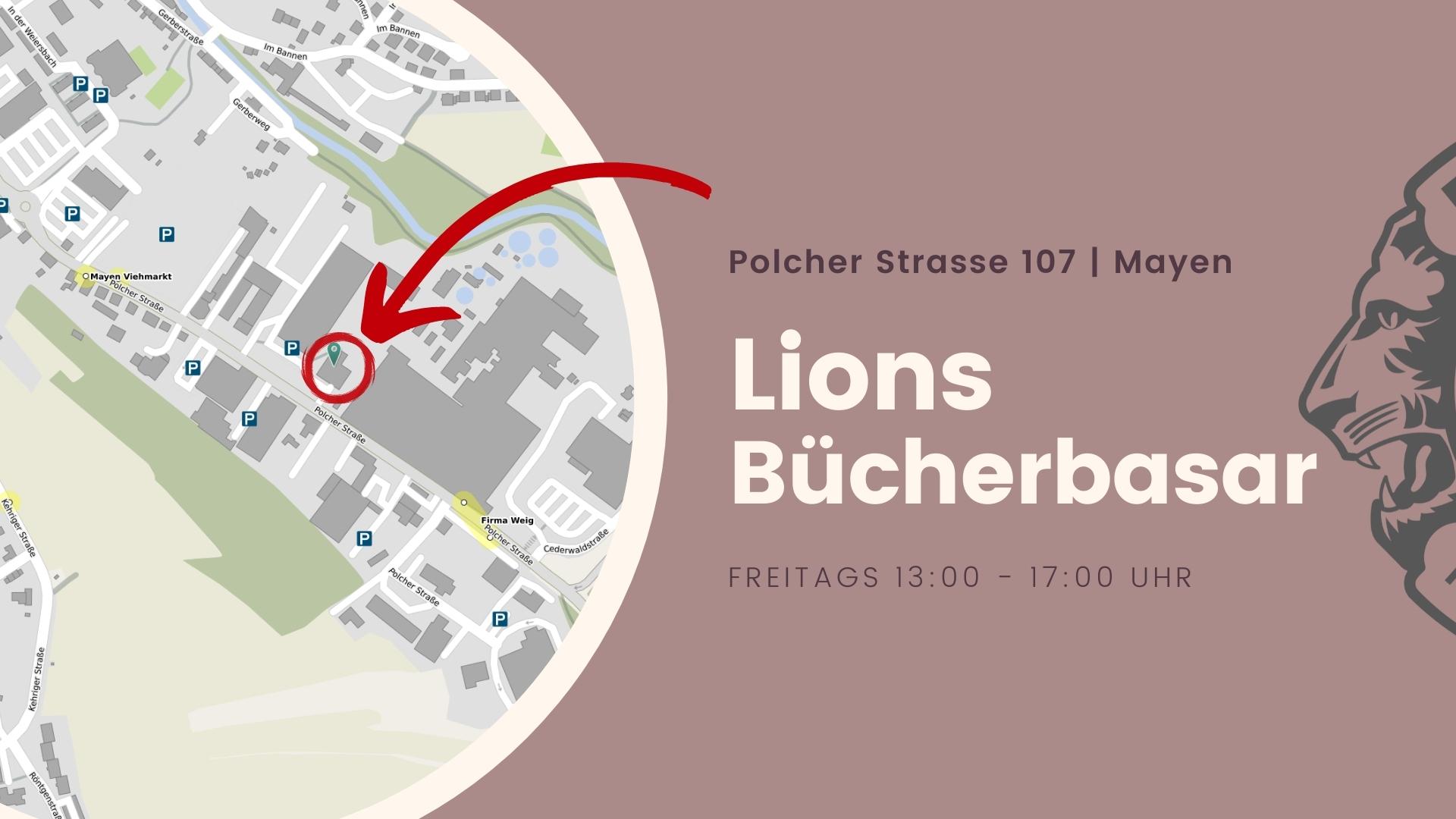 Visitenkarte mit Lageplan und Öffnungszeiten des Lions Bücherbasar