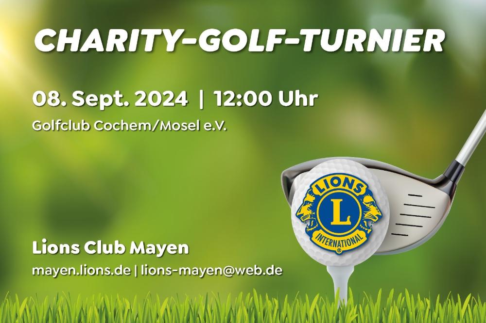 Veranstaltungsplakat zum Lions Charity Golfturnier am 08. September 2024 im Golfclub Cochem/Mosel e.V.