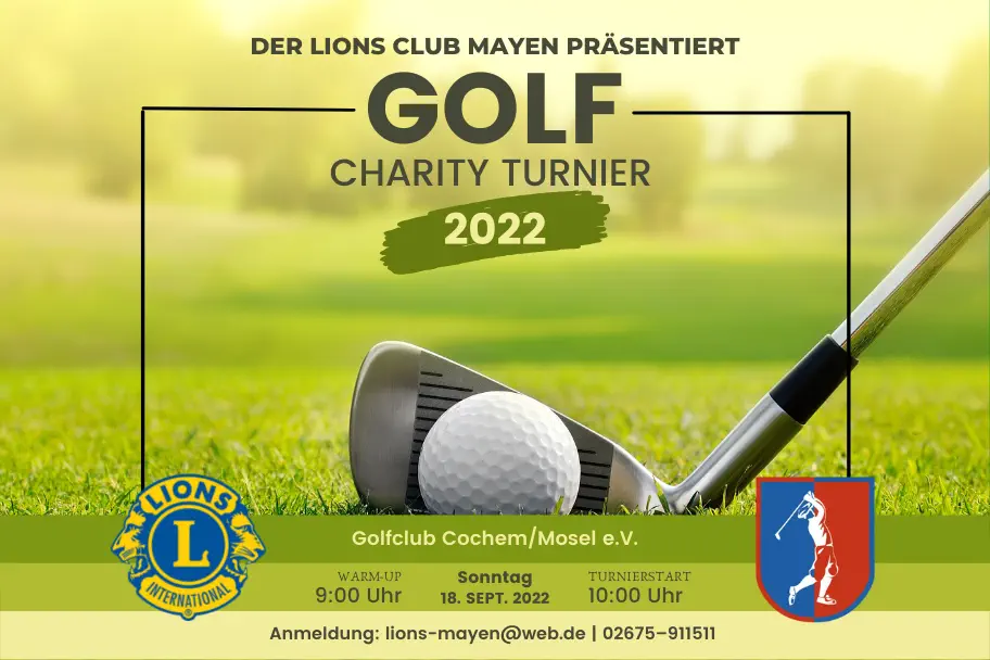 Veranstaltungsplakat zum Lions Charity Golfturnier am 18. September 2022 im Golfclub Cochem/Mosel e.V.